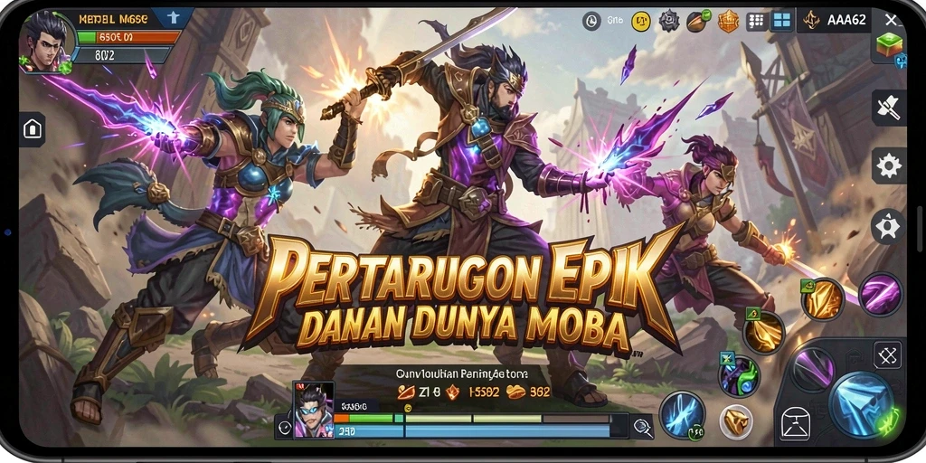 Tampilan gameplay epik MOBA dengan karakter beragam dan strategi mendalam.