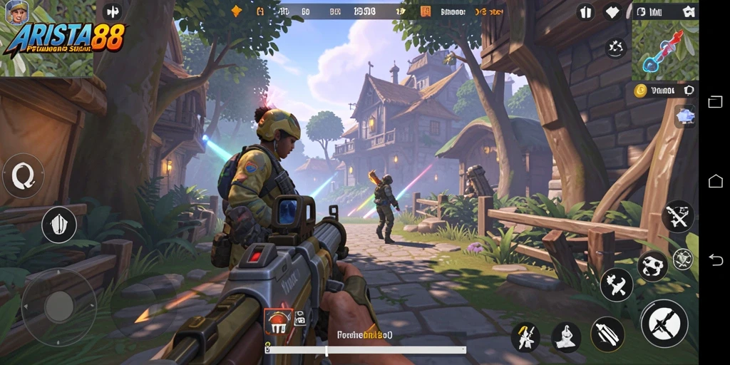 Tampilan gameplay ARISTA88 menampilkan aksi tembak-menembak yang seru.