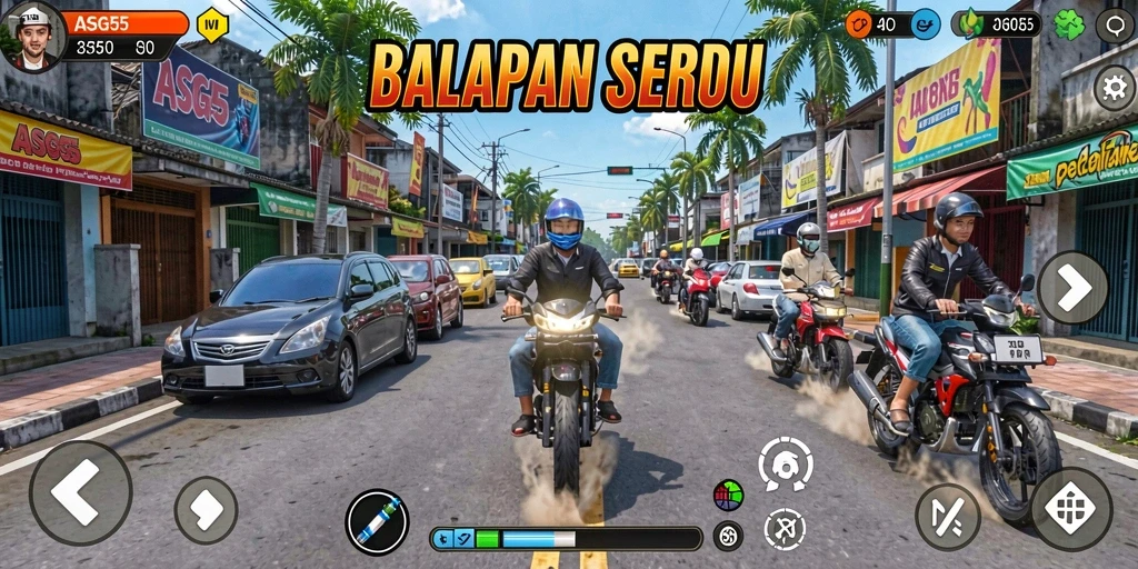 Screenshot ASG55 menampilkan aksi balapan intens di lintasan menantang.