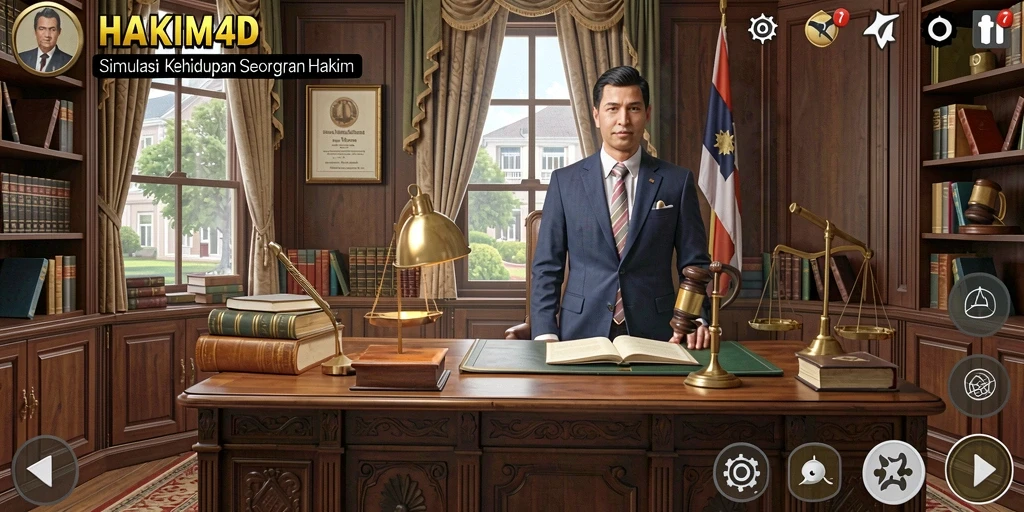 Gameplay HAKIM4D menampilkan situasi pengadilan yang mendebarkan.