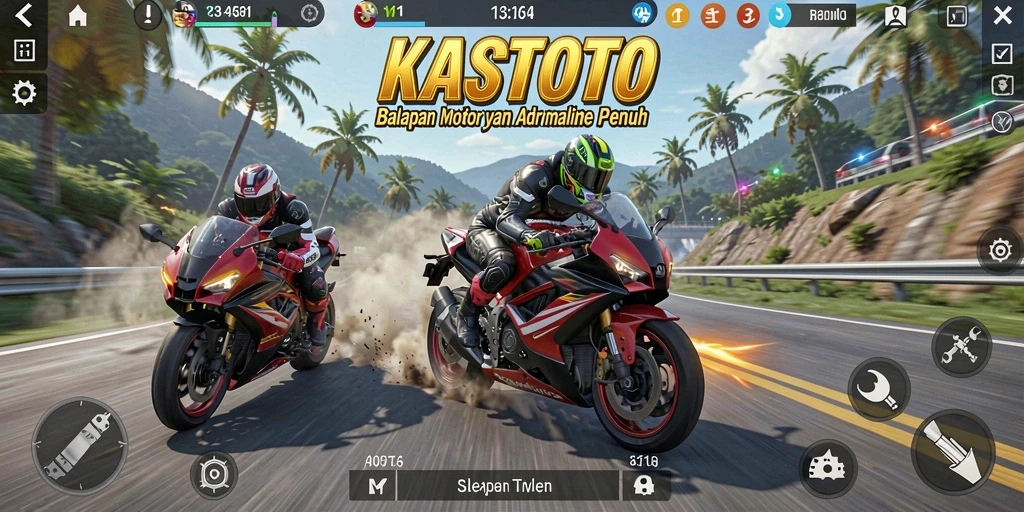 Tampilan gameplay KASTOTO dengan motor balapan yang penuh aksi.