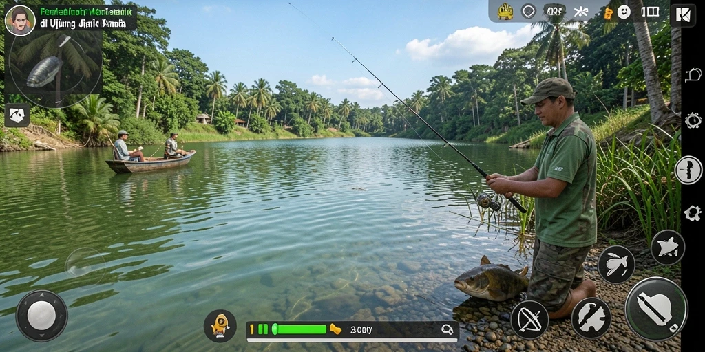 Screenshot gameplay PAKARJP menampilkan aksi memancing yang menegangkan.