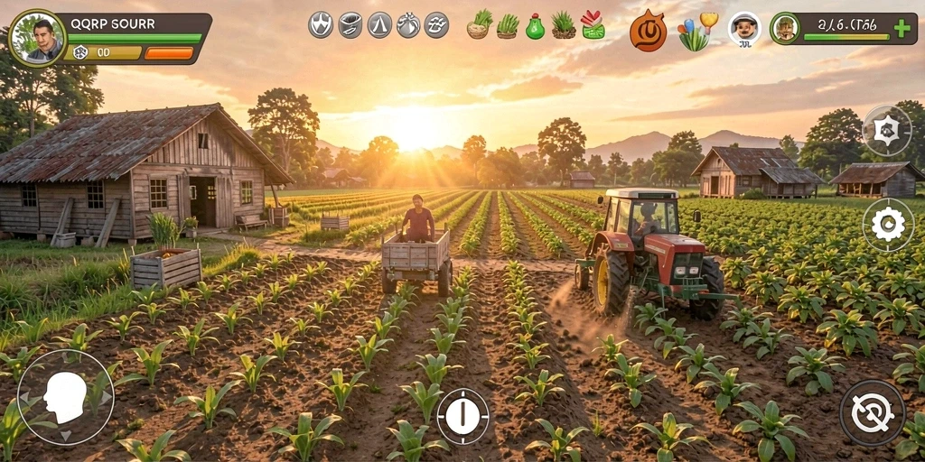 Tampilan gameplay <strong>QQRP</strong> yang menampilkan kebun yang asri dan berwarna.