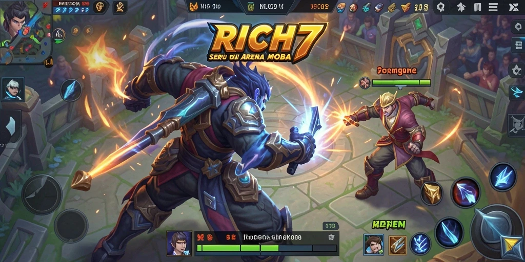 Tangkapan layar gameplay seru RICH7 di arena MOBA.