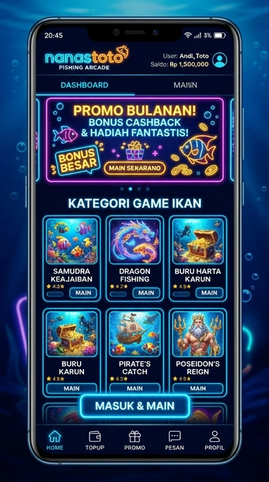 Tampilan utama aplikasi nanastoto dengan berbagai kategori.